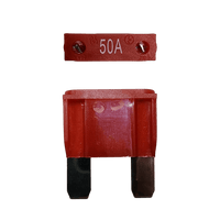 Red 50A maxi blade fuse showing top amperage rating and side profile with silver terminals