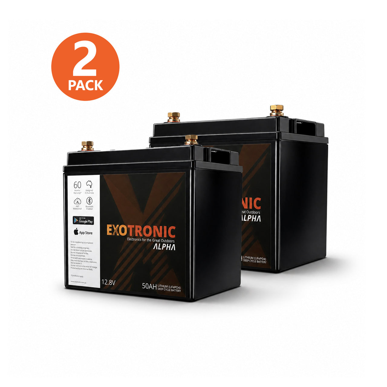 Twin Pack Exotronic 12V 50Ah Alpha IP67 Smart Bluetooth Lithium Battery