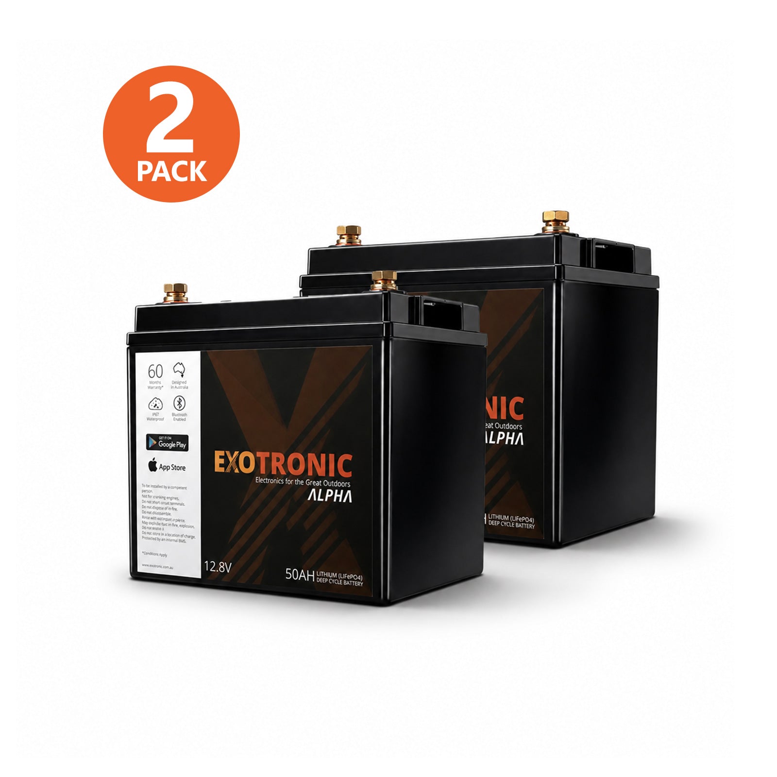 Twin Pack Exotronic 12V 50Ah Alpha IP67 Smart Bluetooth Lithium Battery