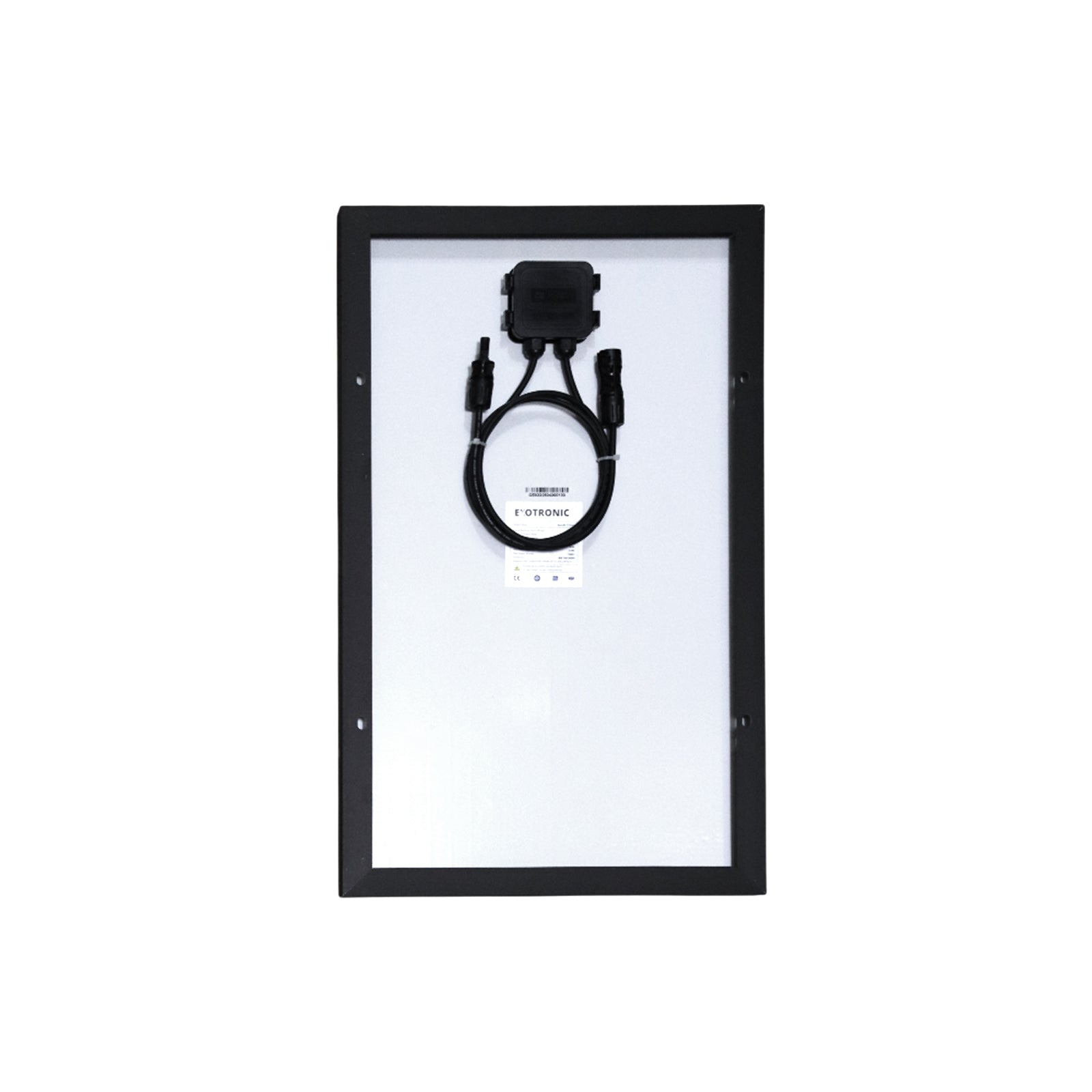 Rear view of solar panel showing junction box and coiled MC4 compatible cables