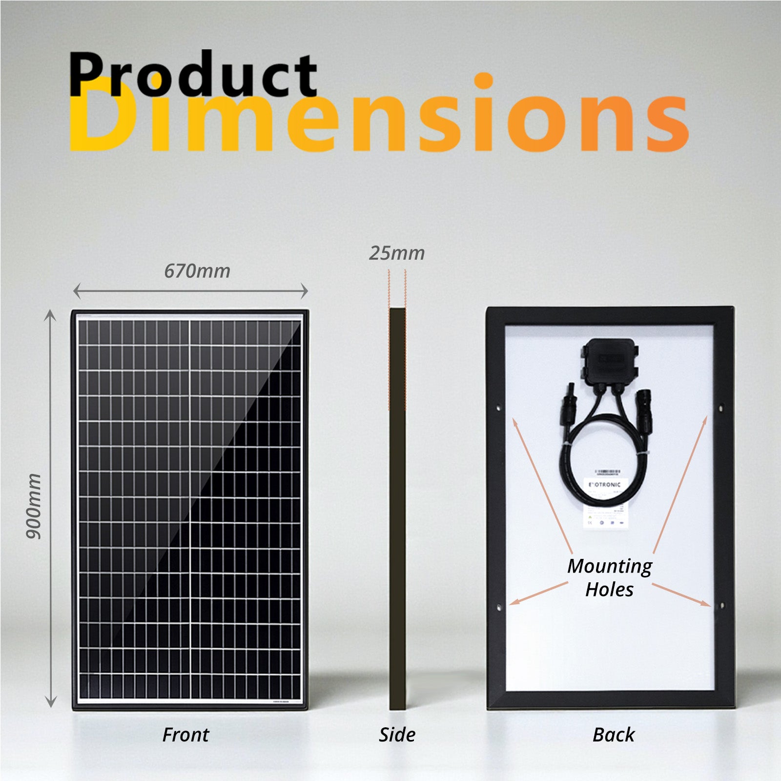 Dimension diagram illustrating solar panel height, width and thickness