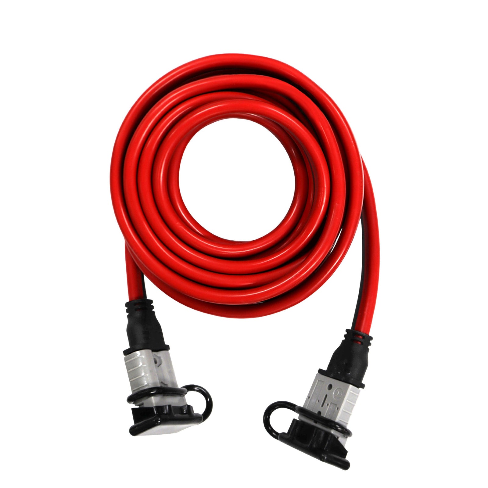 Coiled 5m red 8AWG extension lead with grey Anderson style plugs and black dust covers