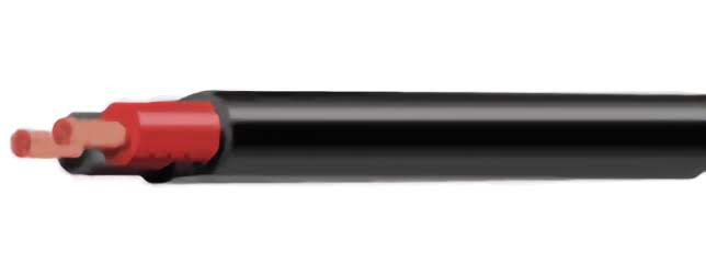 Stripped end of 5mm twin core automotive cable revealing black outer sheath, colour-coded inner cores and copper strands