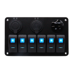 Front view of 6-gang aluminium marine switch panel with blue LED rockers, voltmeter and USB ports