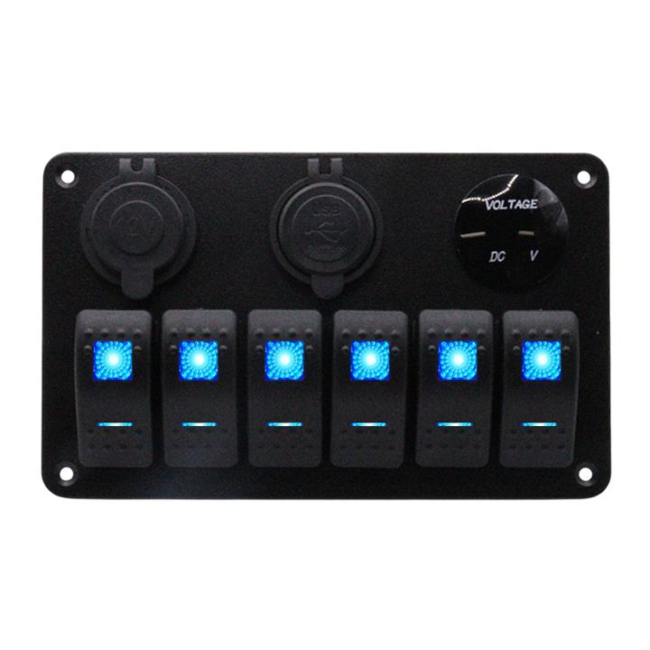 Front view of 6-gang aluminium marine switch panel with blue LED rockers, voltmeter and USB ports