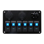 Front view of 6-gang aluminium marine switch panel with blue LED rockers, voltmeter and USB ports
