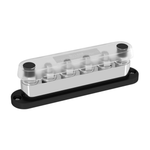 600A busbar with clear protective cover and 6 M10 terminal studs on black base