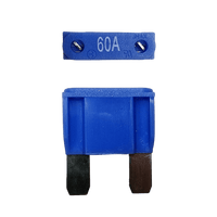 Blue 60A maxi blade fuse showing top amperage rating and side profile with silver terminals