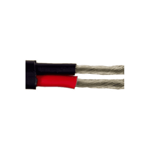 Twin core marine cable showing black outer sheath, red and black inner insulation, and tinned copper conductors