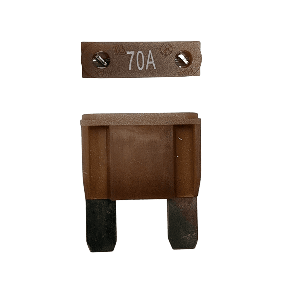 Brown 70A maxi blade fuse showing top amperage rating and side profile with silver terminals