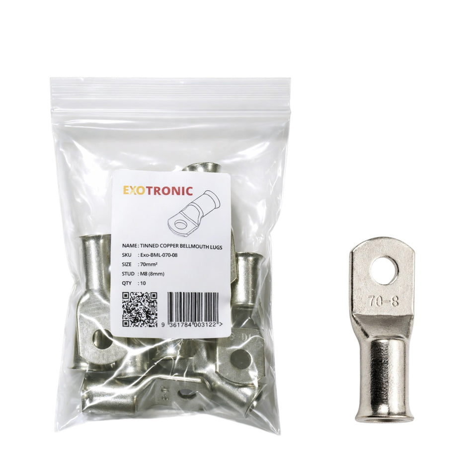 10 pack of 70mm² tinned copper bellmouth lugs with M8 stud hole and one loose lug