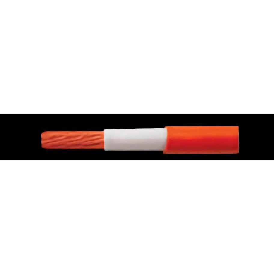 Stripped segment of orange 70mm2 flexible welding cable showing white insulation and copper strands