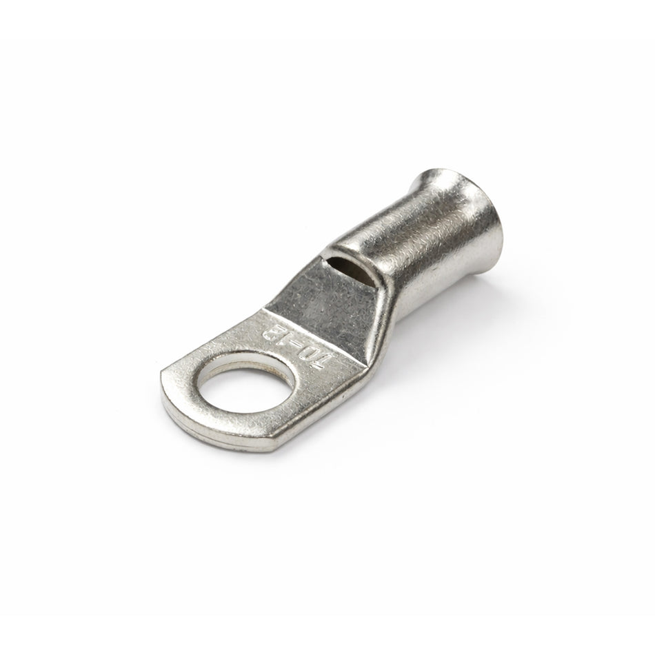 Isometric view of a single 70mm² tinned copper bellmouth lug for M12 studs