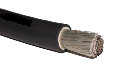 Close-up of 95mm² black double-insulated cable showing tinned copper strands, white core and black outer sheath