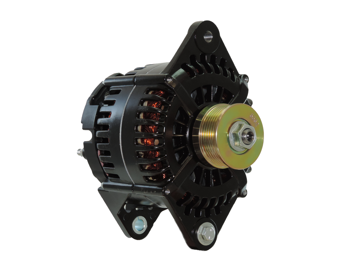Balmar 97XD-12-240-IG 12V 240A black marine alternator with 4-inch saddle mount and gold K6 serpentine pulley