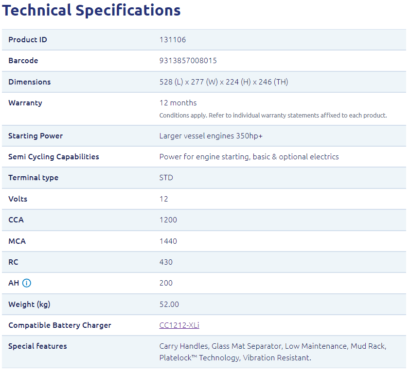 Century 12V 200Ah Marine Pro Cruiser 1200 CCA Battery 2