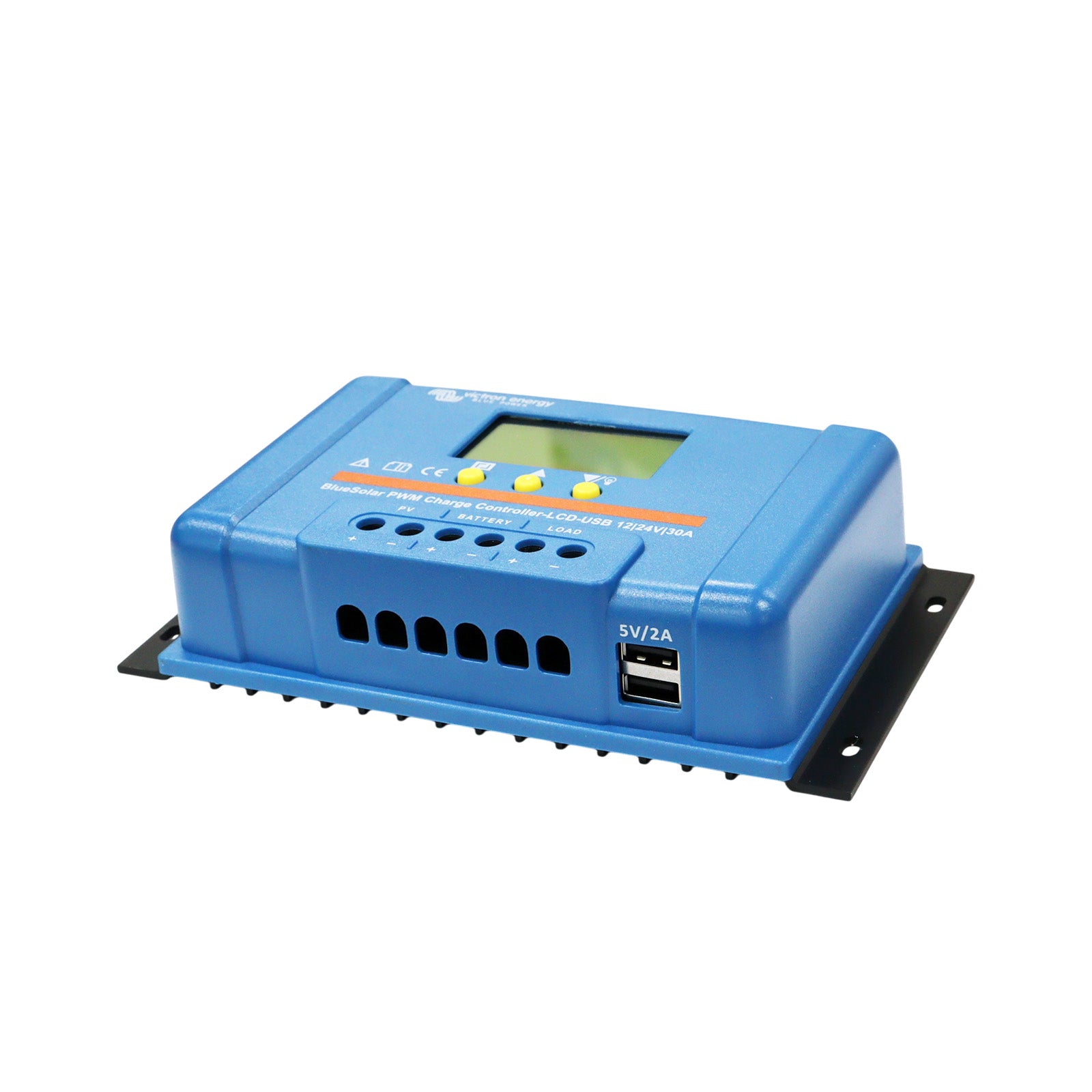 Right side view of Bluesolar charge controller with digital display on a white background