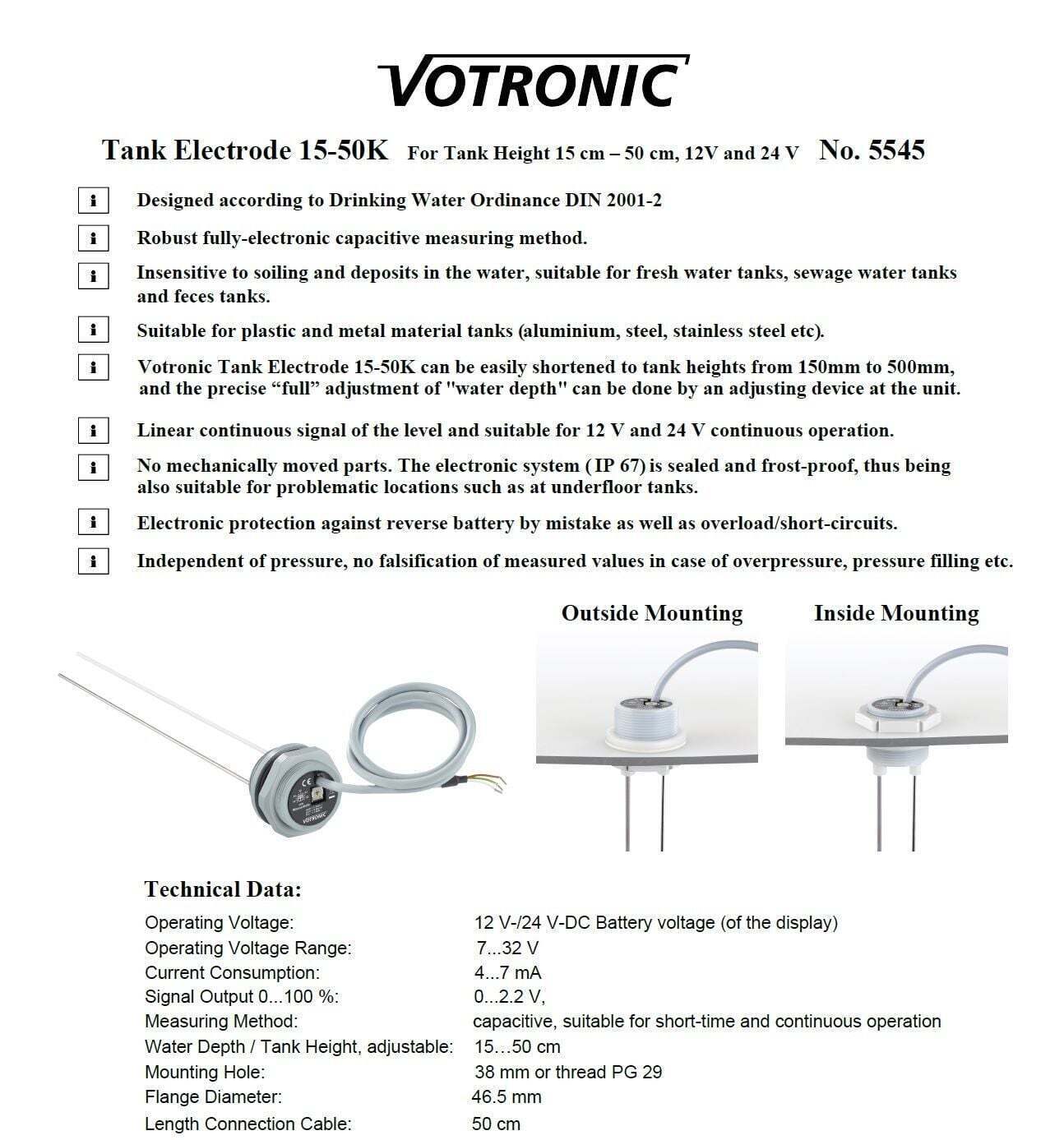 Votronic Tank Level Sensor Electrode 15-50K plus Tank Display S -Faeces/Black Toilet Water 2