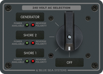 Blue Sea 230V AC rotary source selection panel with LED status indicators and 4-position switch
