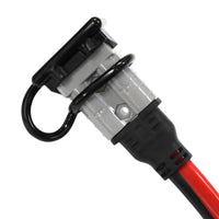 Close-up of Anderson style plug with integrated black strain relief and protective loop