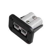 Rear view showing grey Anderson plug secured into black mounting bracket with screws