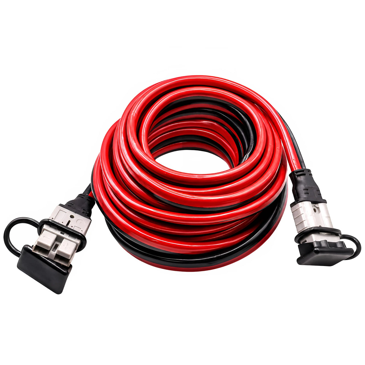 Coiled 10m red and black extension lead with 50A Anderson style plugs and dust covers