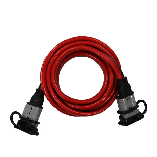 Coiled 3m red extension lead with grey 50A Anderson-style plugs and dust covers
