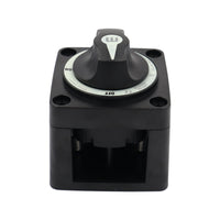 Angled view of 300A battery isolator switch showing robust housing and rotary knob profile