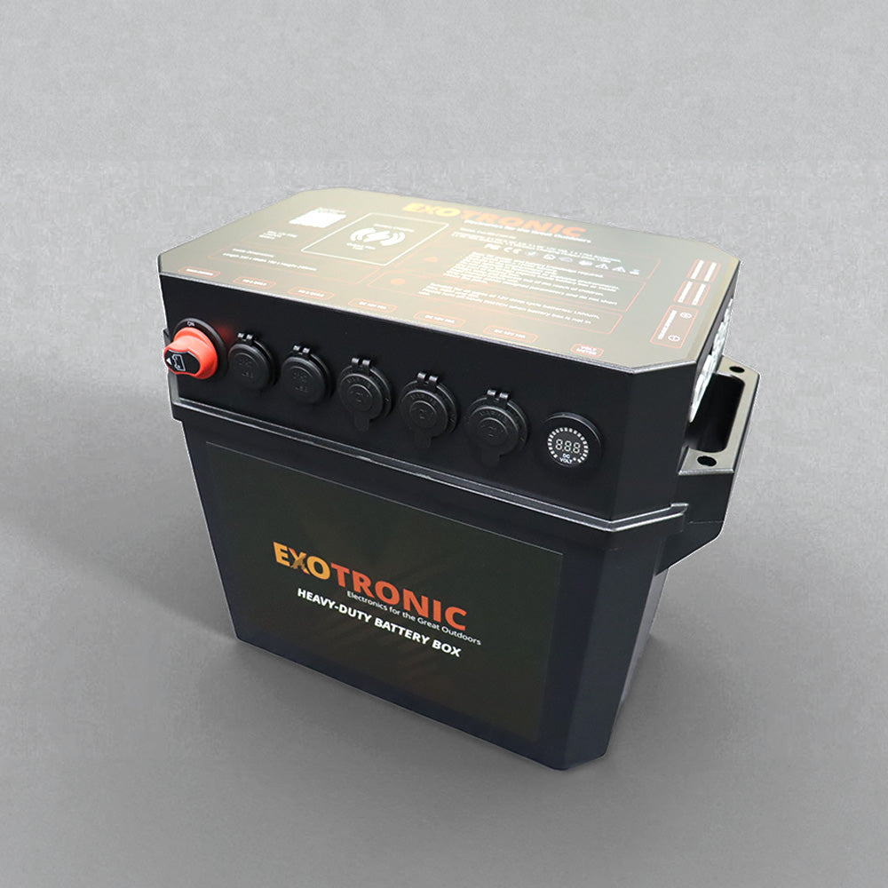 Angled high view of the Exotronic battery box showing robust casing and side handles