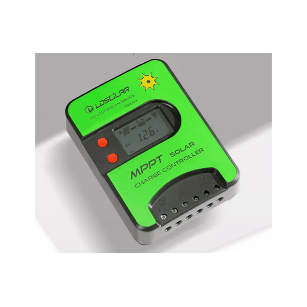 Angled view of green solar charge controller showing depth and terminal access