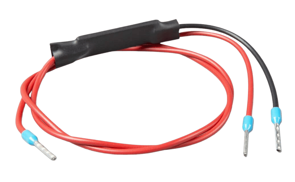 Angled view of coiled remote on-off cable showing inline module and pin connectors