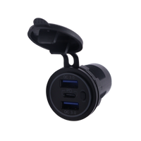 Angled view of USB socket face showing dual USB-A and single USB-C ports surrounded by a blue ring