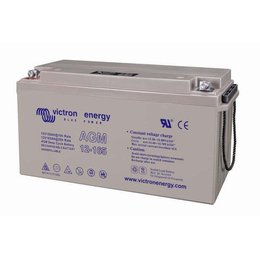 Perspective view of Victron 165Ah AGM battery showing top terminal posts and integrated carry handles