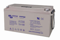 Perspective view of Victron 165Ah AGM battery showing top terminal posts and integrated carry handles