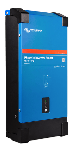 Angled view of the Victron 12V 1600VA smart inverter in blue and black