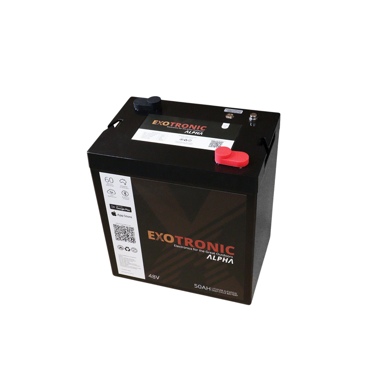 Angled view of 50Ah deep cycle battery showing rugged ABS casing and terminal positions