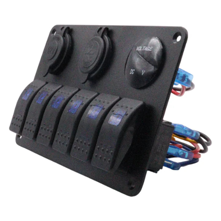 Side angle view of switch panel showing curved rocker switches and rear wiring connections