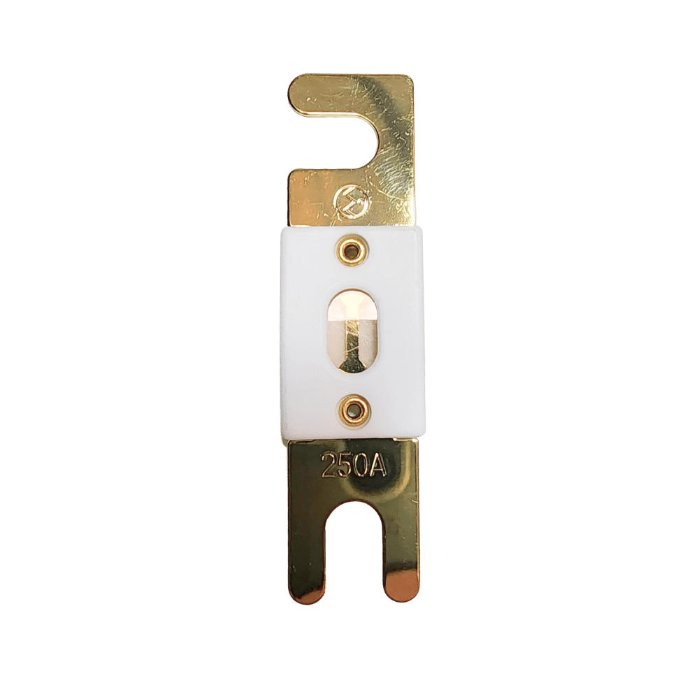 Top-down view of Exotronic 250A ANL fuse showing ceramic body and gold terminals