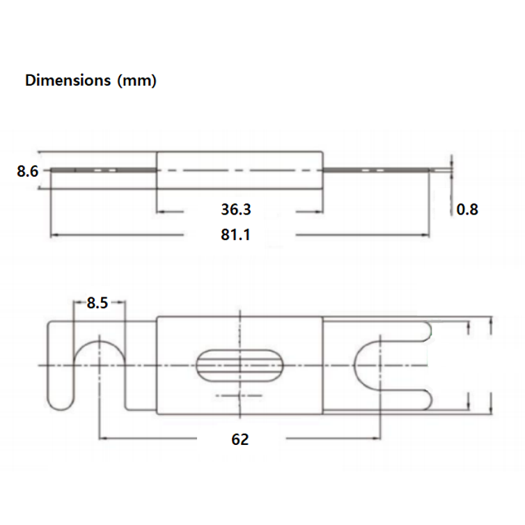 Technical drawing of ANL fuse dimensions showing 81.1mm length and 62mm mounting centre spacing