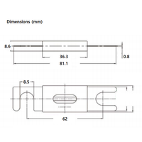 Technical drawing of ANL fuse dimensions with 81mm length and 62mm mounting spacing