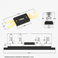 Technical drawing of ANL fuse holder showing length, width and stud heights in millimeters
