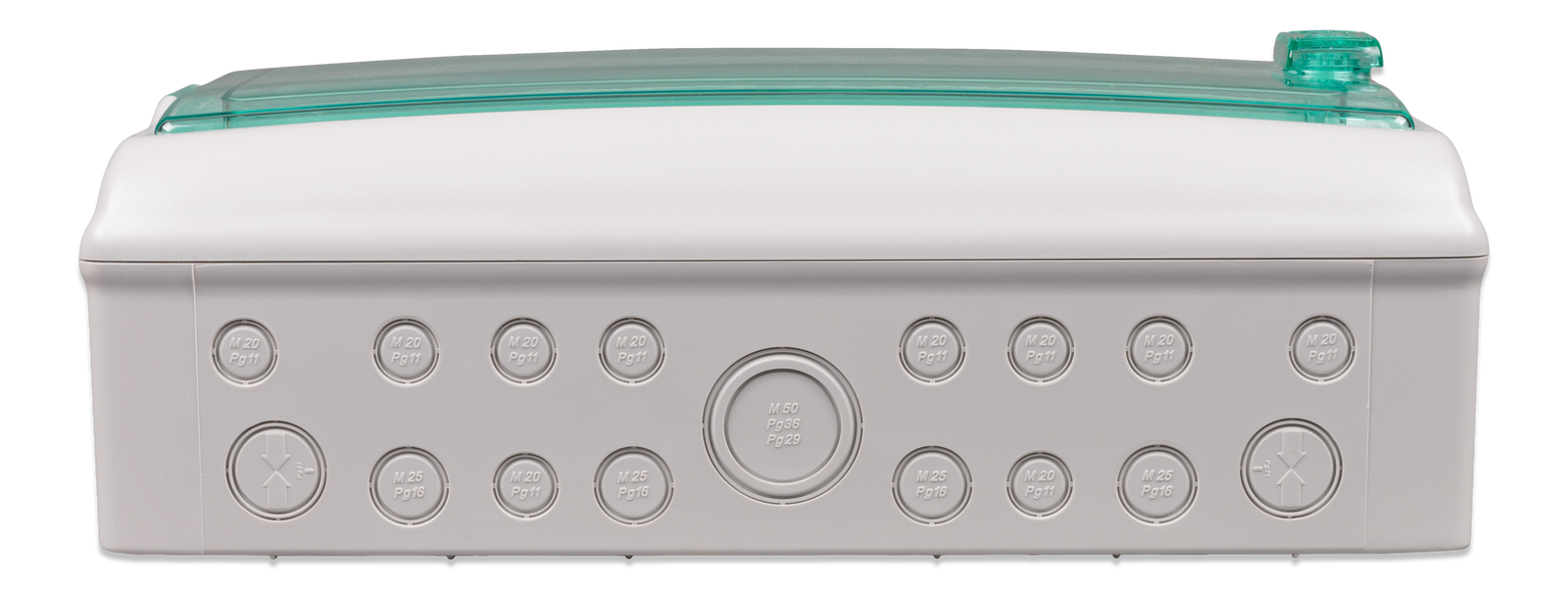 Top view of enclosure showing various pre-marked cable entry knockouts
