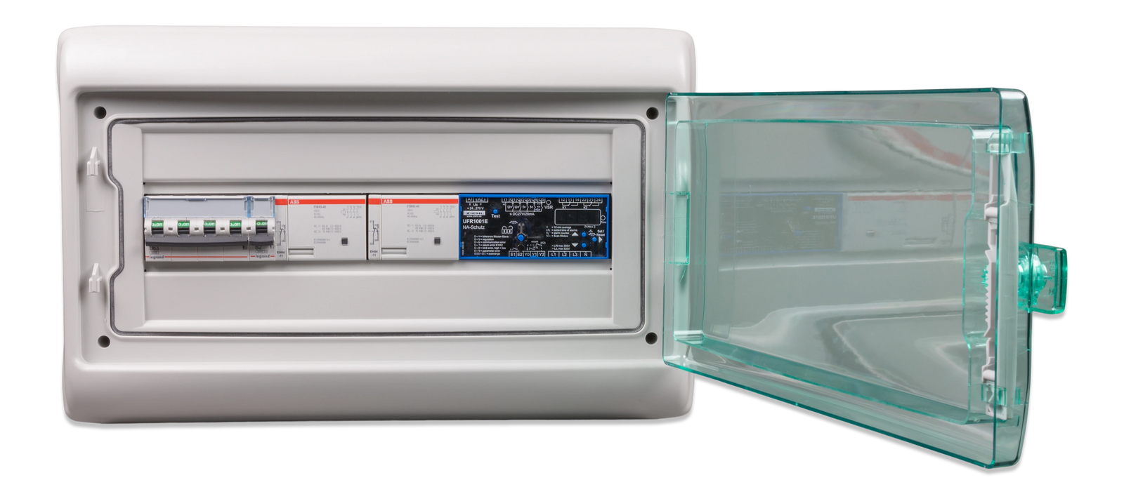 Front view of anti-islanding box with clear protective window open