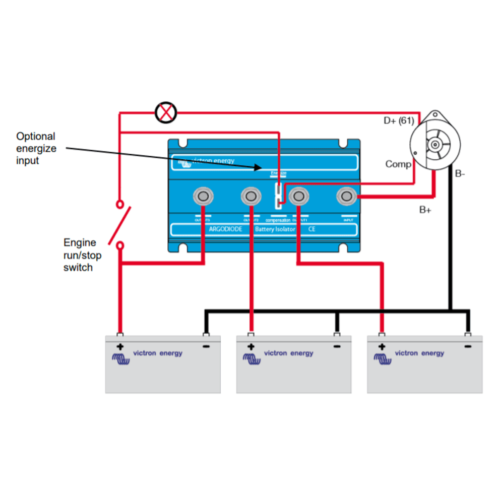 Wiring diagram for Argodiode battery isolator showing alternator and multi-battery connections