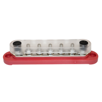 Assembled 150A busbar with clear cover installed over red base and studs