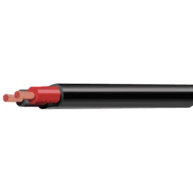 Side profile of 3mm twin core cable showing exposed copper strands, red core insulation and black outer sheath