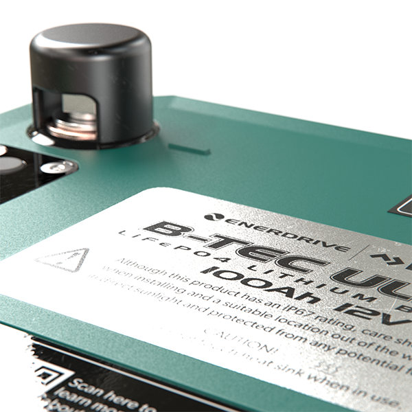 Detailed view of the M8 battery terminal post and safety instructions on the top panel