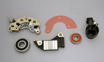 Balmar 12V 60 Series alternator rebuild kit components including rectifier, regulator, brushes, gasket and two bearings