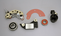 Balmar 24V 60 Series alternator rebuild kit components including rectifier, regulator, brushes, bearings, and gasket