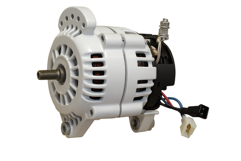 White Balmar 60 Series 12V 120A saddle-mount alternator with threaded shaft and no pulley